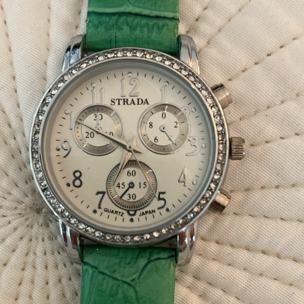 Green Faux Croc Strap & Silver Tone Watch with Rhinestone Face